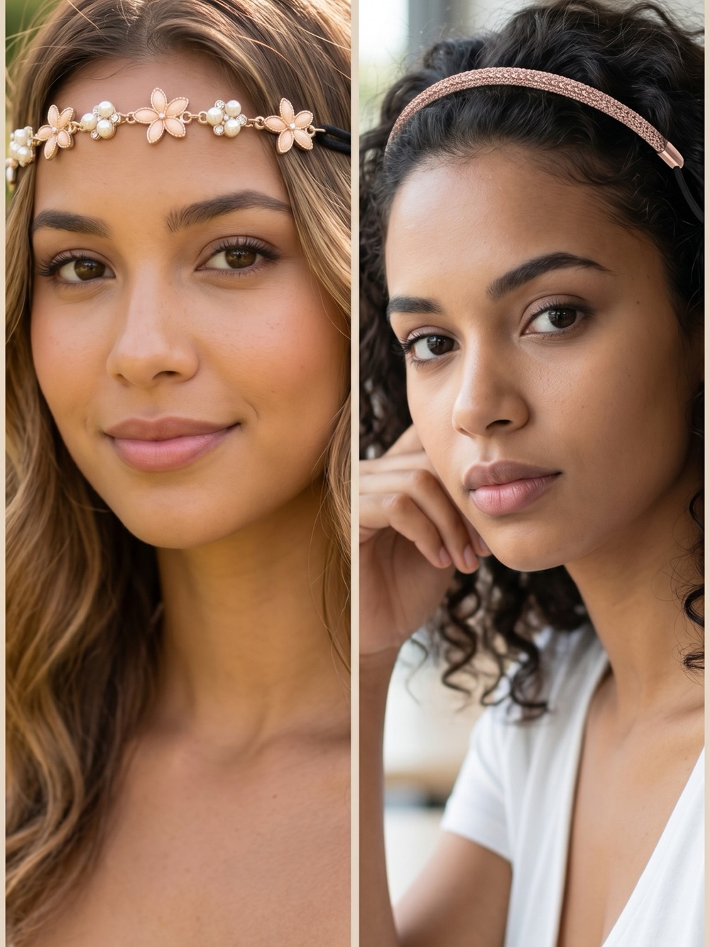 2 Womens Floral & Braided Headband Set - Rose Gold